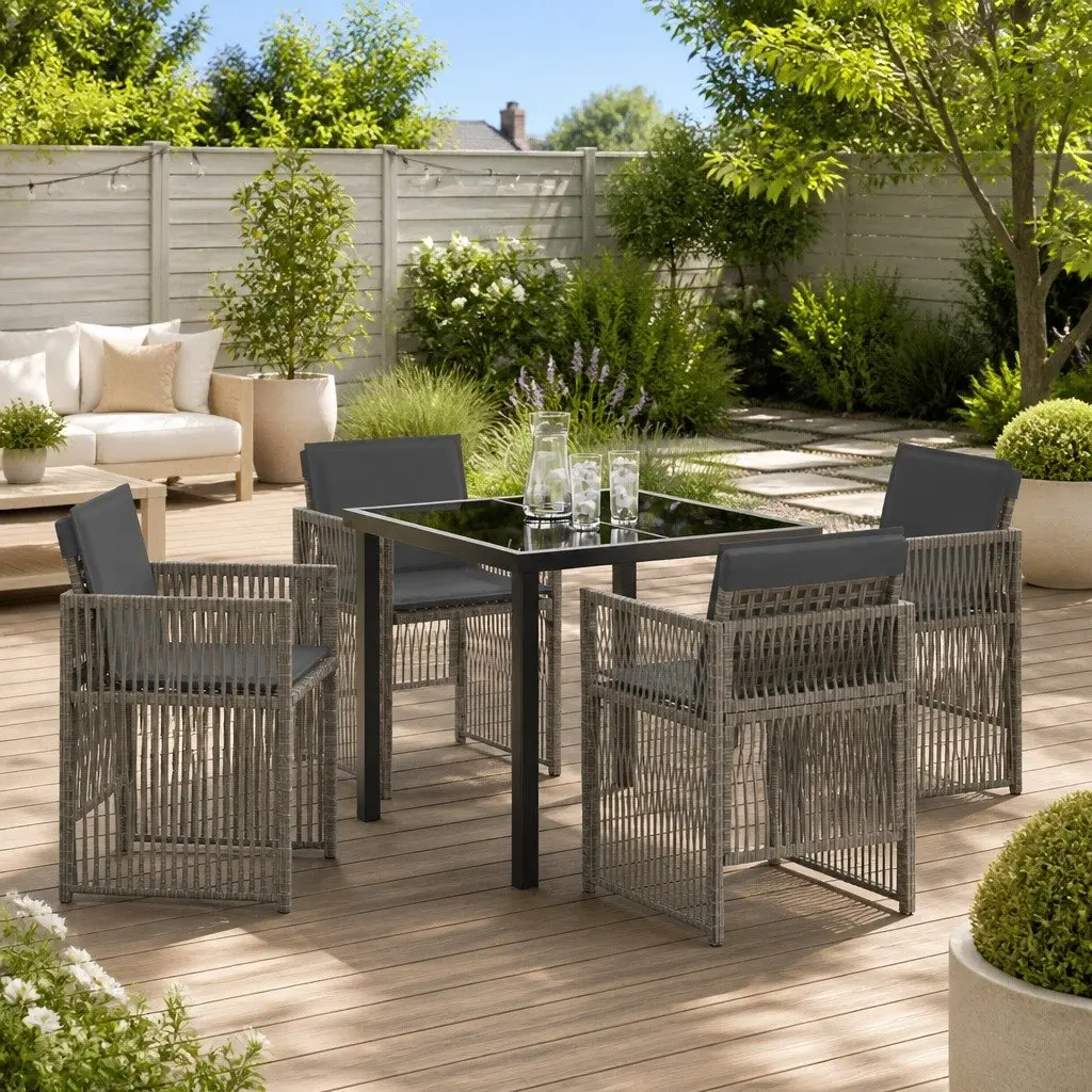 Garden Dining Set Grey 5 Piece Powder-coated Steel Frame with Poly Rattan Armrests and Foam-filled Seat Cushions
