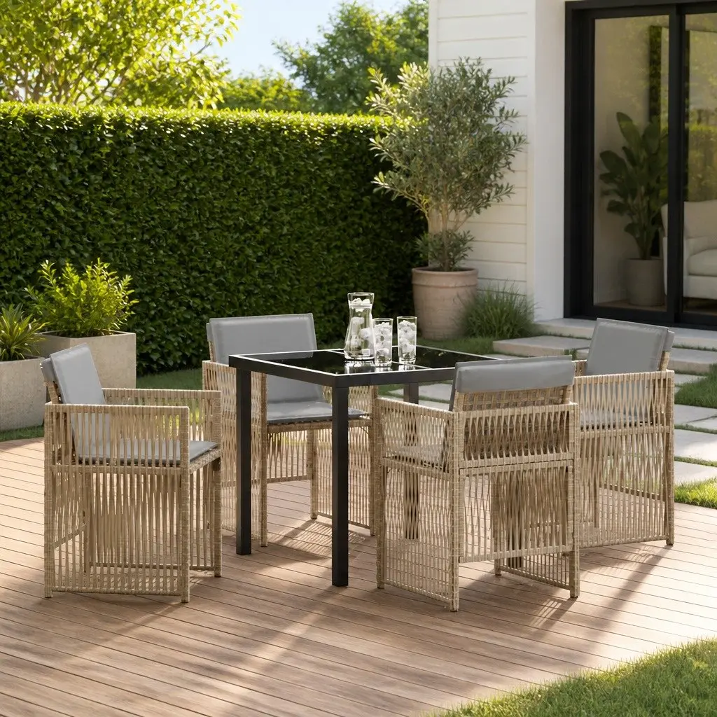 Garden Dining Set 5 Pcs Outdoor Furniture Table Chairs Beige Steel Frame