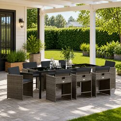 Garden Dining Set 9 Pieces Outdoor Furniture Grey Poly Rattan Patio Table Chairs