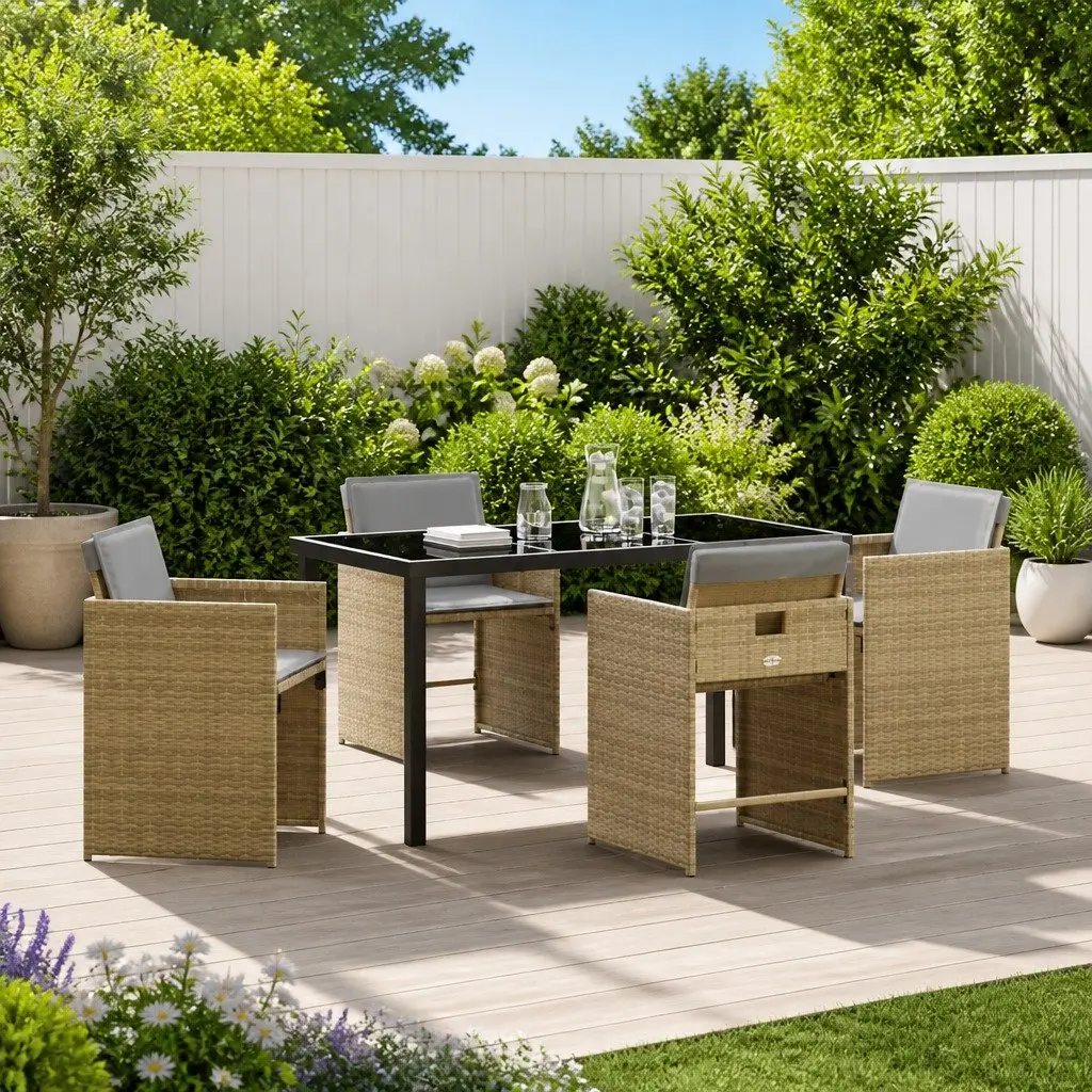 Garden Dining Set Beige 5 Piece Outdoor Furniture Poly Rattan Table Chairs