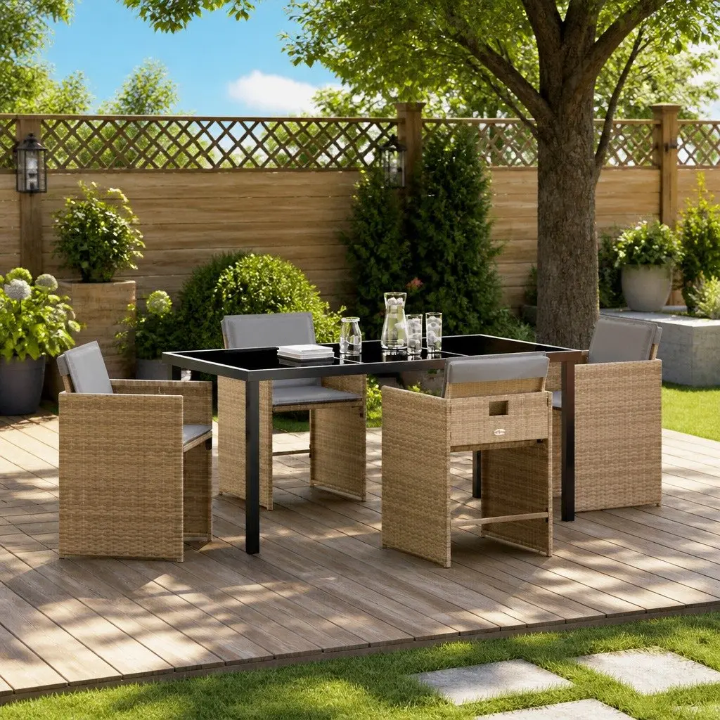 Garden Dining Set Beige 5 Piece Outdoor Furniture Poly Rattan Table Chairs