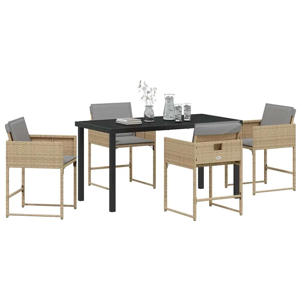 Garden Dining Set Beige 5 Piece Outdoor Patio Furniture Poly Rattan Glass Table