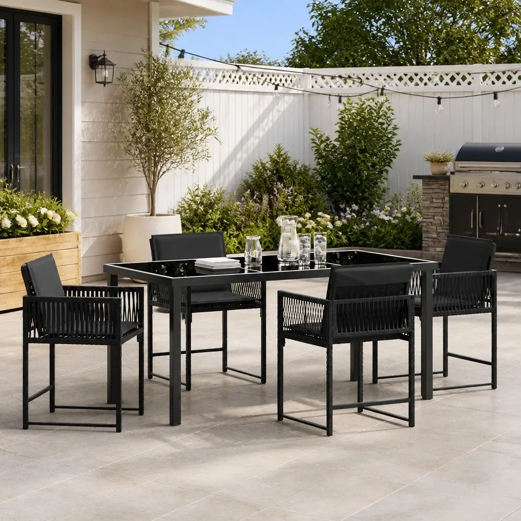 5-Piece Black Patio Dining Set with Glass Top