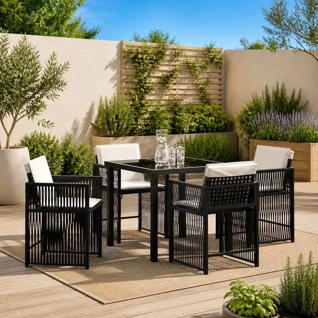 Garden Dining Set 5 Piece Black Poly Rattan Outdoor Furniture Table Chairs