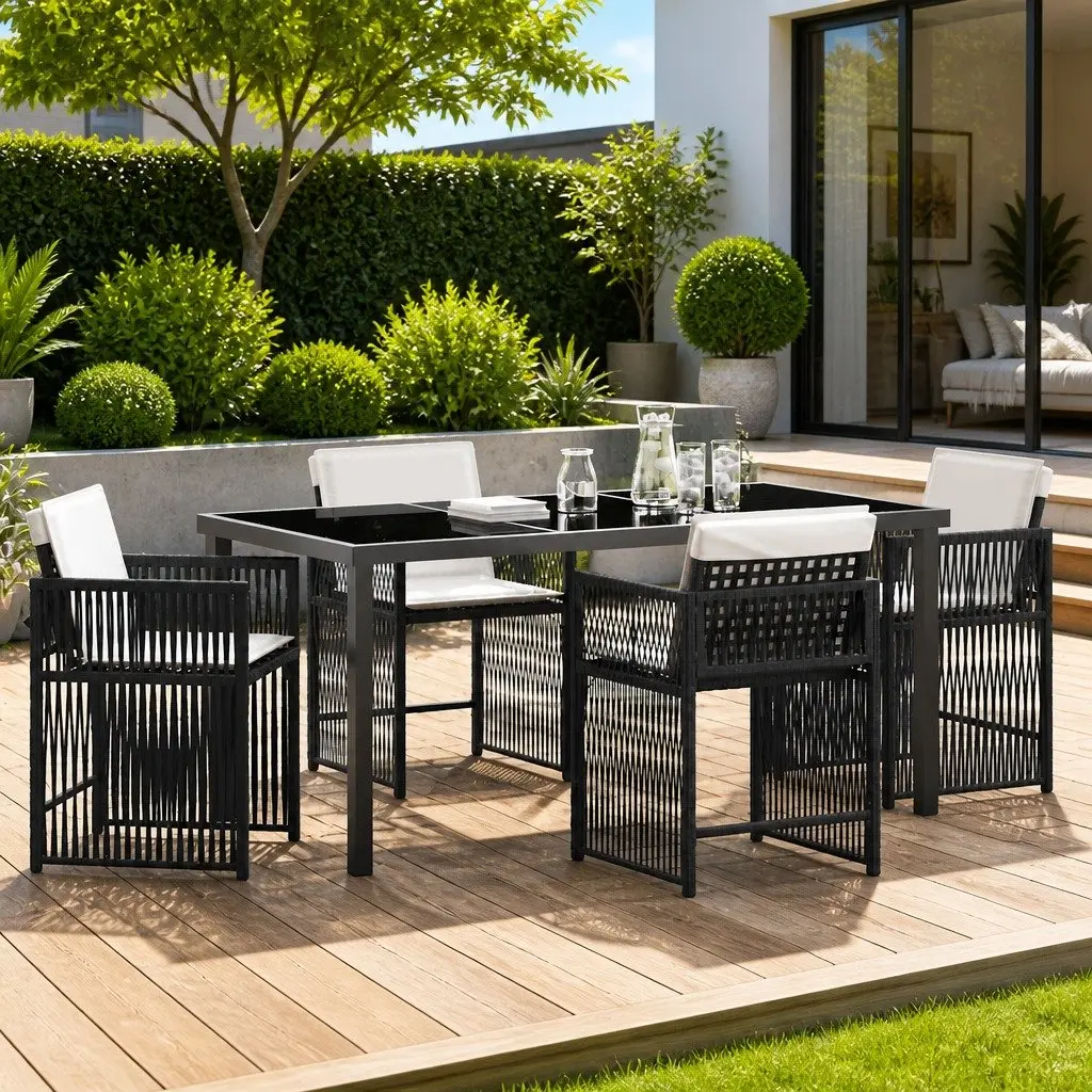 Garden Dining Set 5 Piece Outdoor Furniture Black Poly Rattan Patio Table Chairs