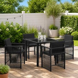 Garden Dining Set 5 Pieces Black Poly Rattan Outdoor Furniture Table Chairs