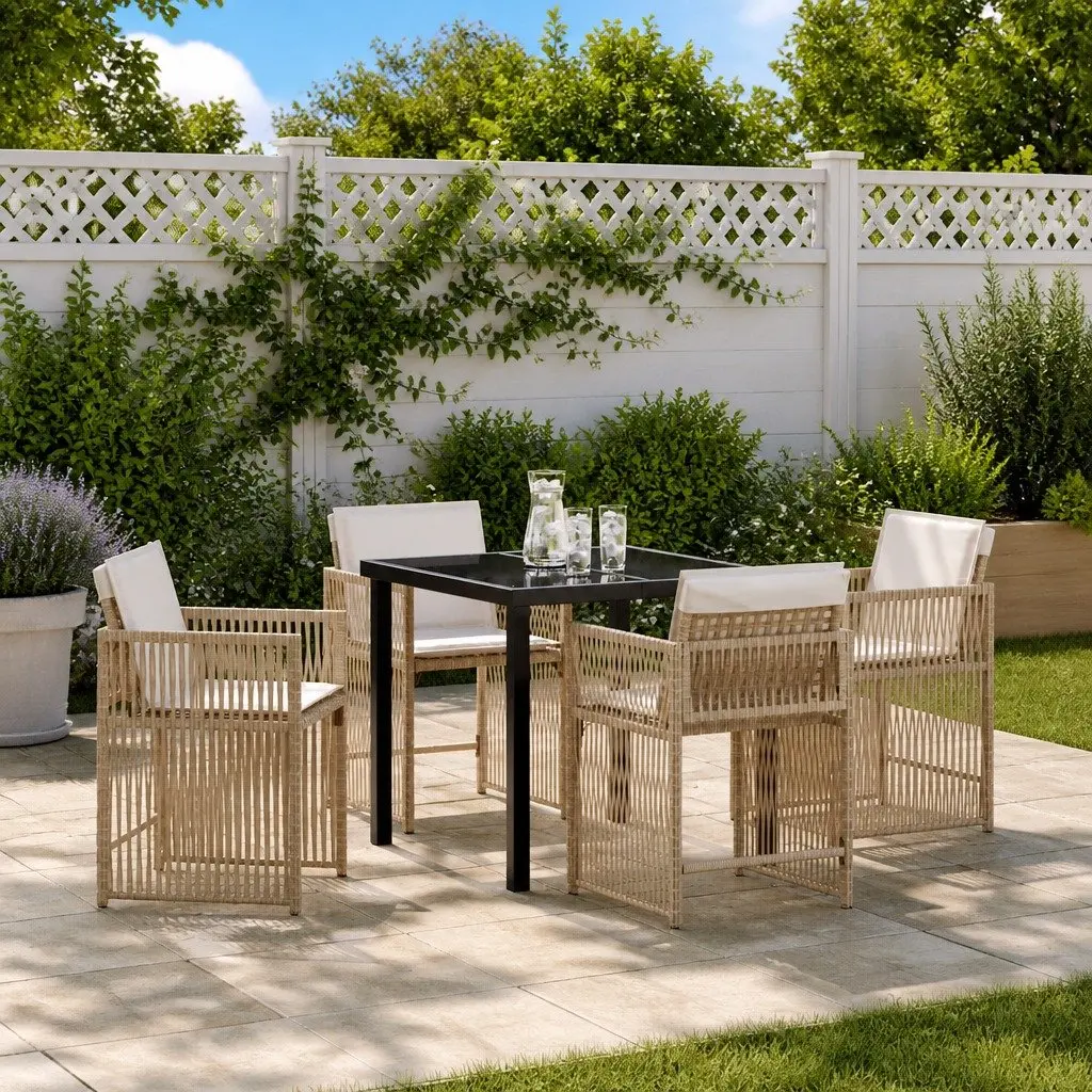 Garden Dining Set Beige 5 Pieces Outdoor Furniture Poly Rattan Table Chairs