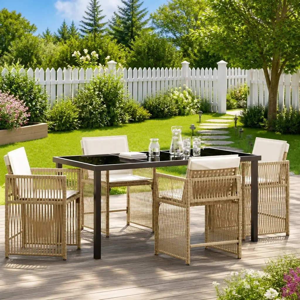 5 Piece Garden Dining Set Outdoor Furniture Poly Rattan Beige Table Chairs Patio