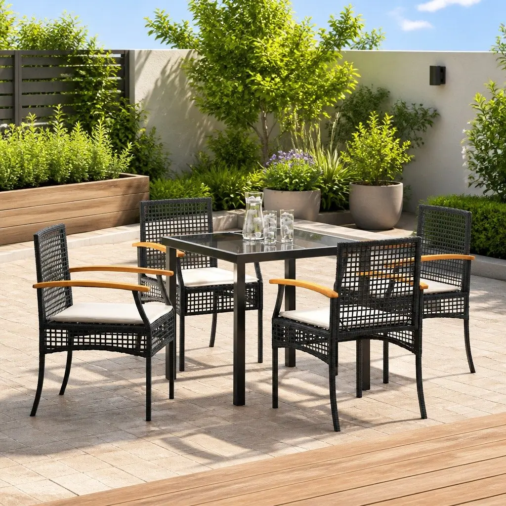 Garden Dining Set Black 5 Piece Outdoor Furniture Rattan Chairs Glass Top Table