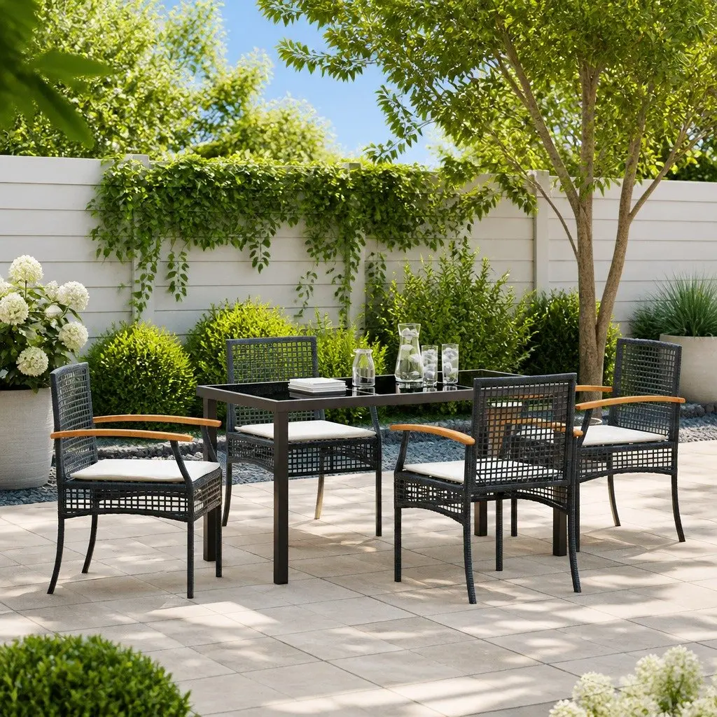 Garden Dining Set 5 Piece Outdoor Furniture Black Rattan Chairs Glass Table