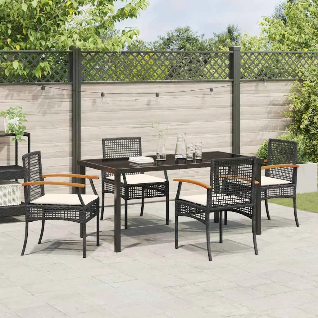 Garden Dining Set 5 Piece Outdoor Furniture Black Rattan Chairs Glass Top Table