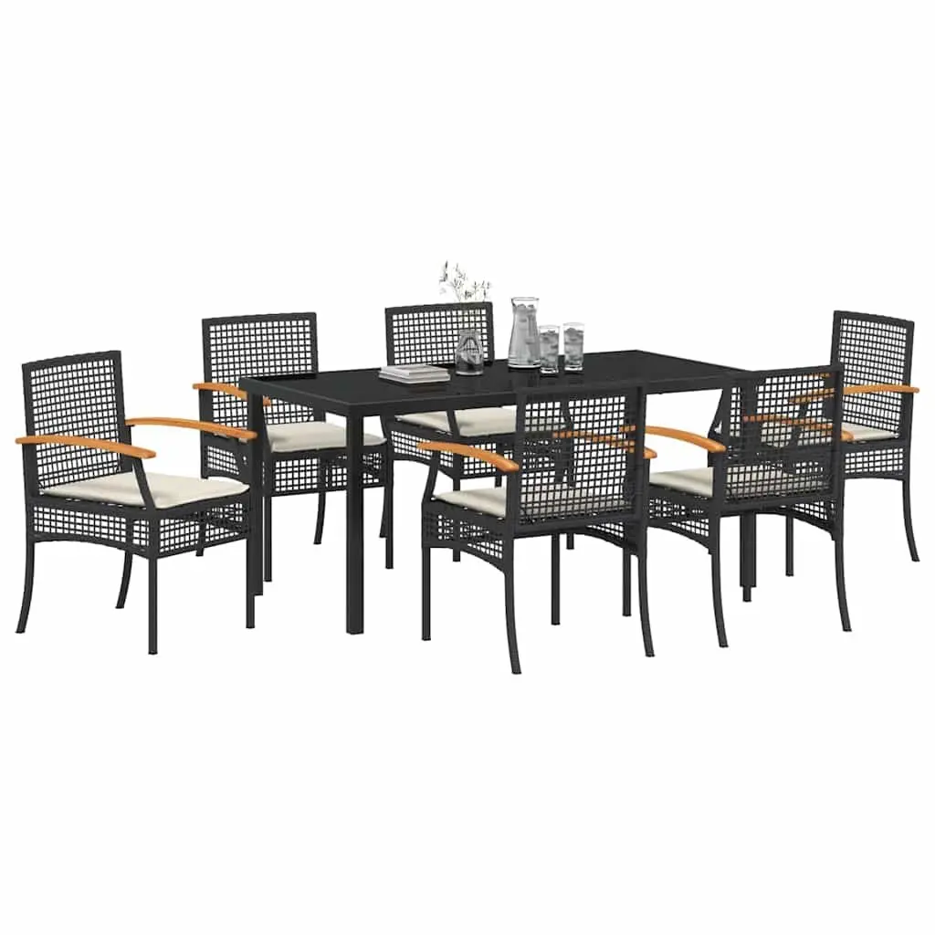 Outdoor Dining Set Black 7 Piece Rattan Garden Furniture with Glass Table