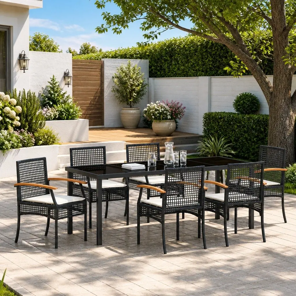 Garden Dining Set 7 Piece Outdoor Table Chairs Black Rattan Furniture