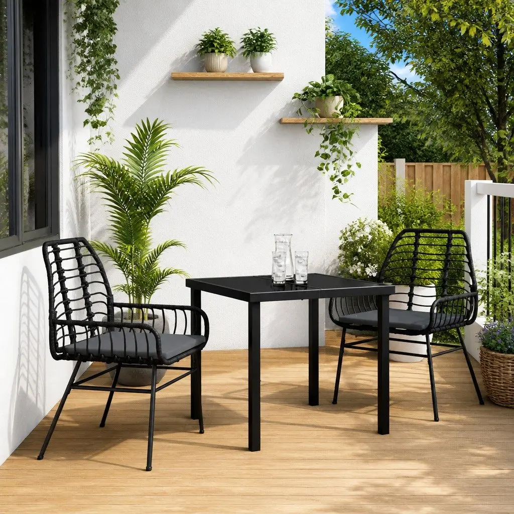 Outdoor Garden Dining Set Black 3 Piece Poly Rattan Patio Furniture Glass Table