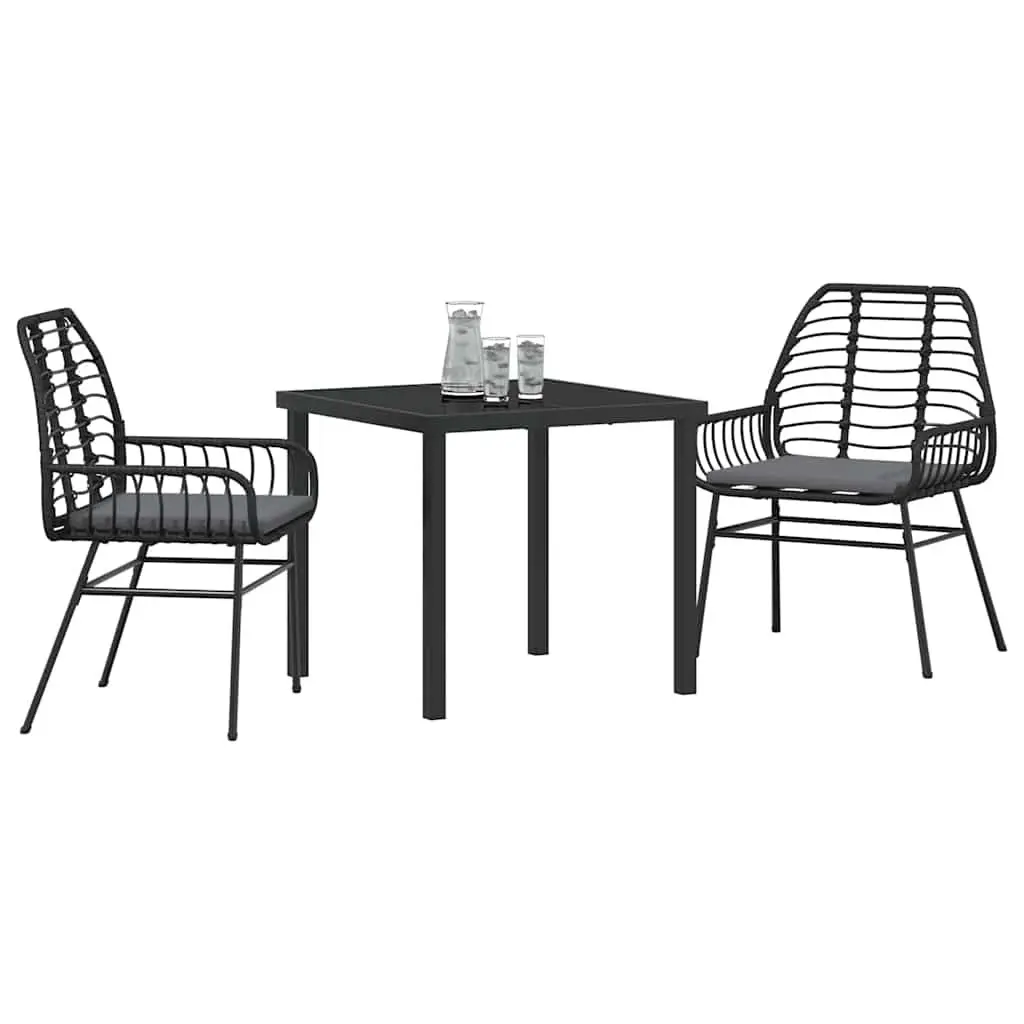 Outdoor Garden Dining Set Black 3 Piece Poly Rattan Patio Furniture Glass Table