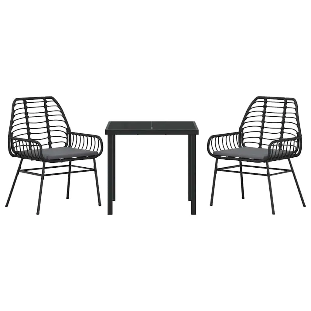 Outdoor Garden Dining Set Black 3 Piece Poly Rattan Patio Furniture Glass Table