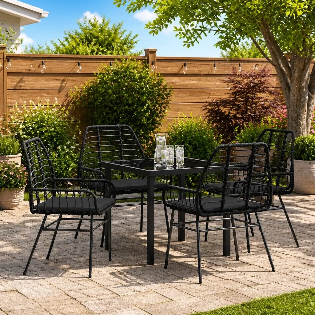 Outdoor Dining Set Black 5 Piece Poly Rattan Patio Furniture with Glass Table Top