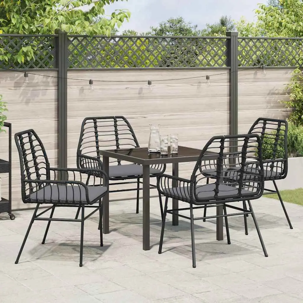 Outdoor Dining Set Black 5 Piece Poly Rattan Patio Furniture with Glass Table Top