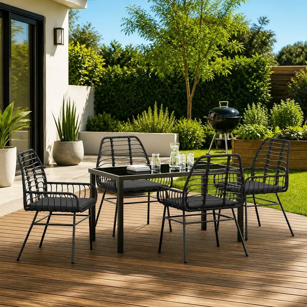 Garden Dining Set Black 5 Piece Outdoor Patio Furniture Poly Rattan Table Chairs