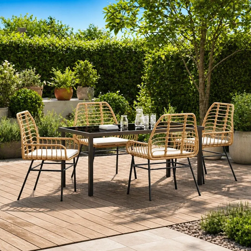 Garden Dining Set Brown 5 Pieces Outdoor Patio Furniture Poly Rattan Table