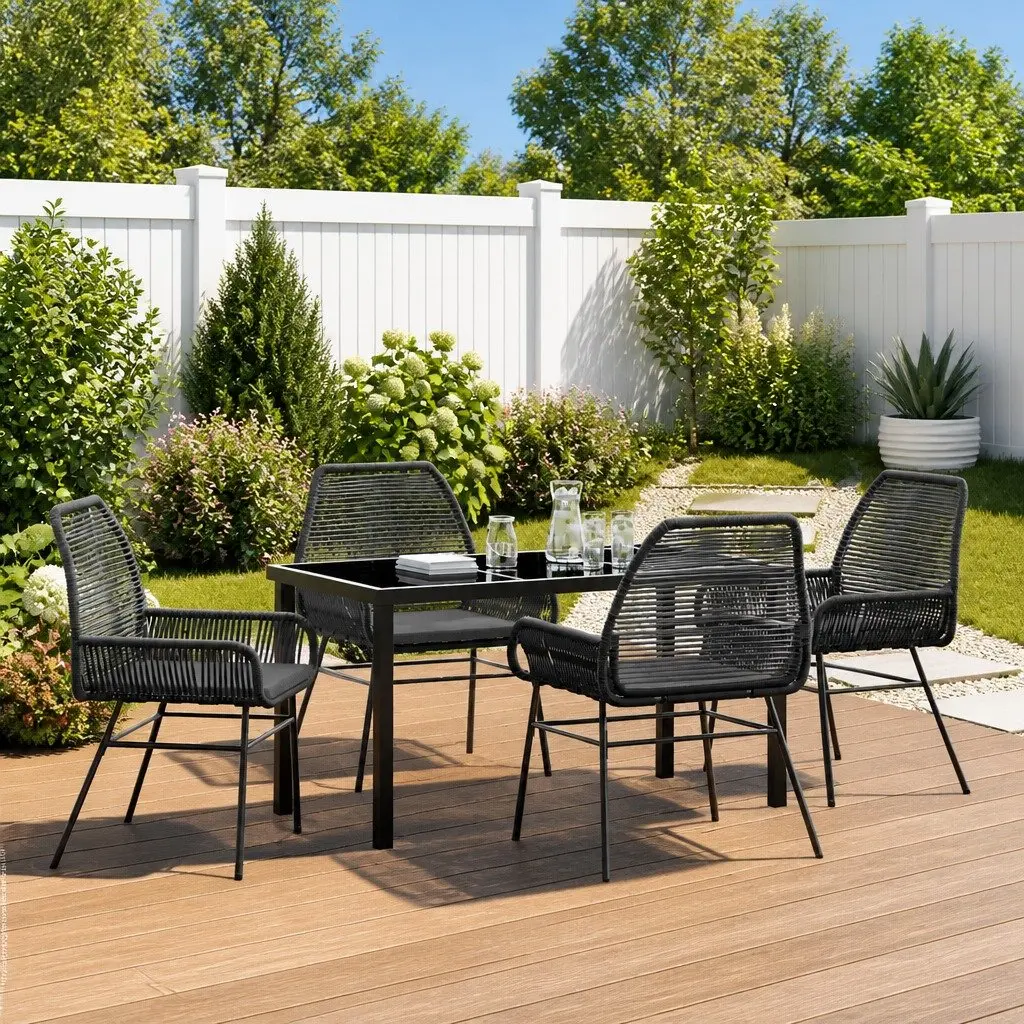 Outdoor Dining Set Black 5 Piece Poly Rattan Table Chair Cushion