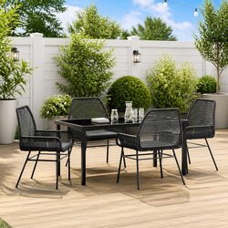 Outdoor Garden Dining Set 5-Piece Black Poly Rattan Table Chair with Cushions
