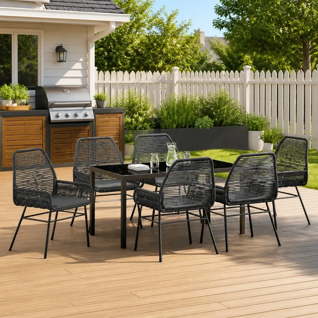 Garden Dining Set Black 7 Piece Outdoor Furniture Poly Rattan Tempered Glass