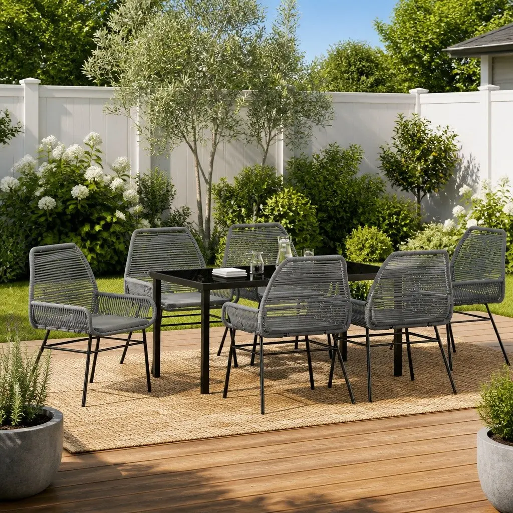 Garden Dining Set 7 Piece Outdoor Furniture Grey Poly Rattan Table Chairs