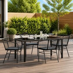 Outdoor Dining Set 5 Piece Garden Furniture Black Poly Rattan Glass Tabletop