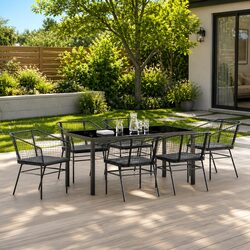 Outdoor Dining Set 7 Pieces Glass Table Black Poly Rattan Garden Furniture