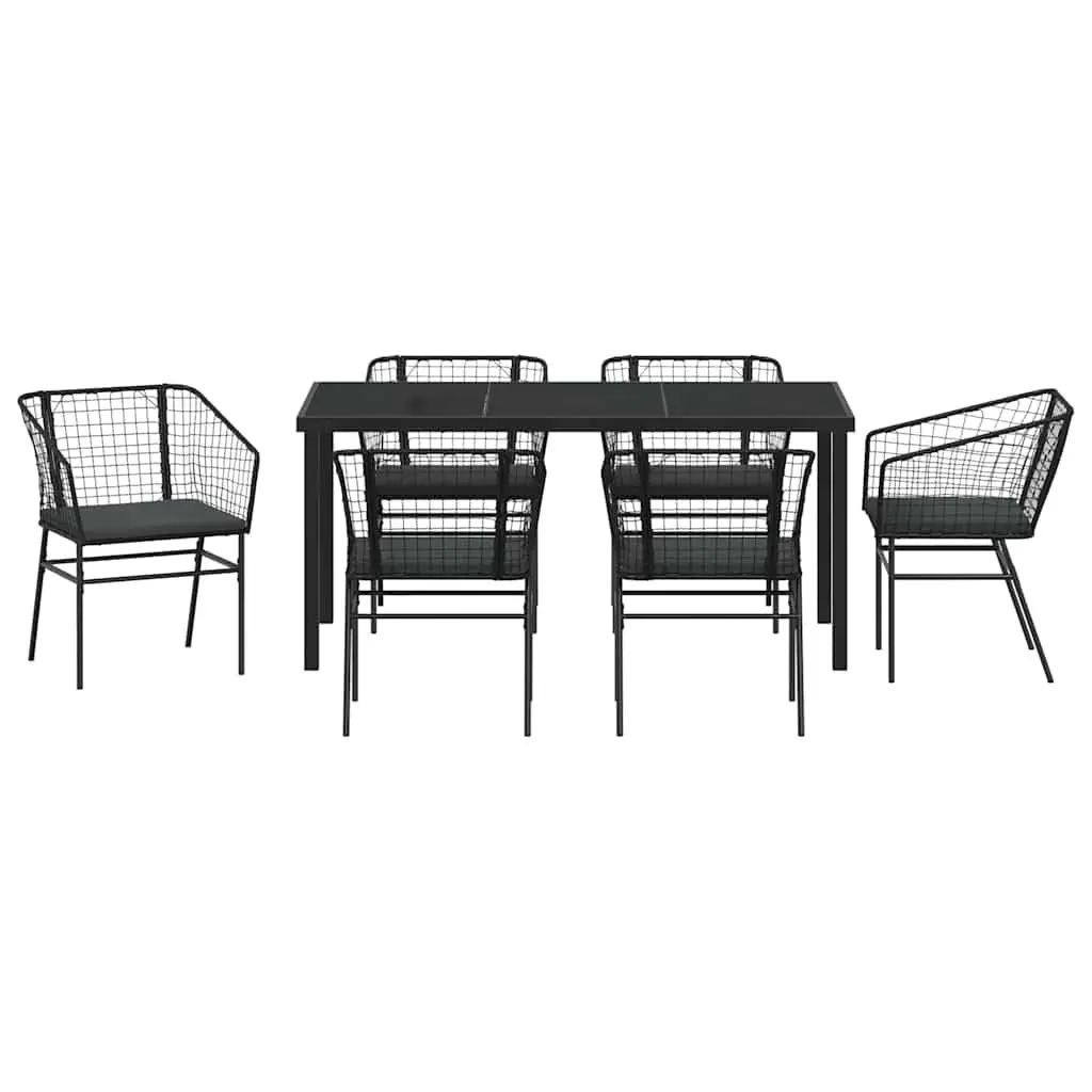 Outdoor Dining Set Black 7 Pieces Glass Table Poly Rattan Garden Furniture