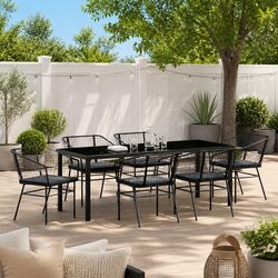 Compact Black 7-Piece Patio Dining Set with Glass Table