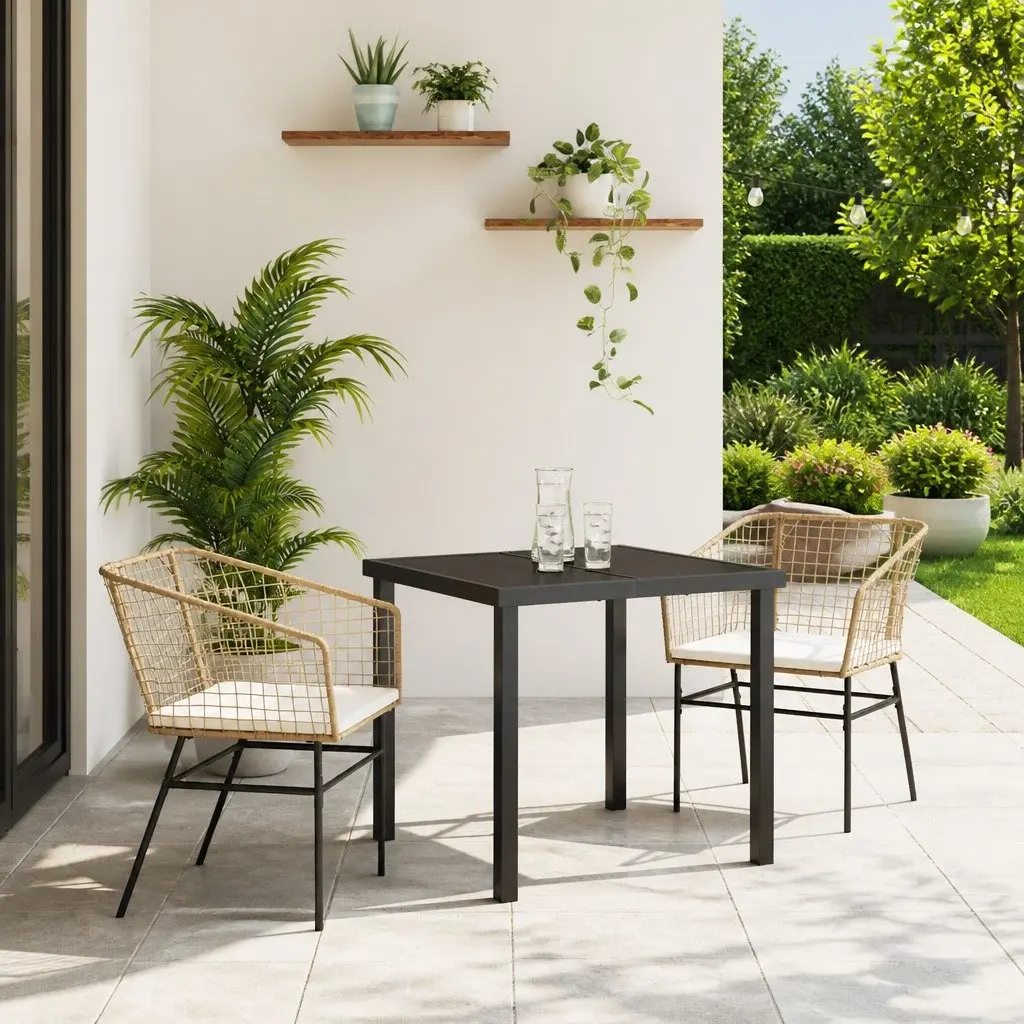 Garden Dining Set Brown 3 Piece Poly Rattan Outdoor Furniture Glass Tabletop
