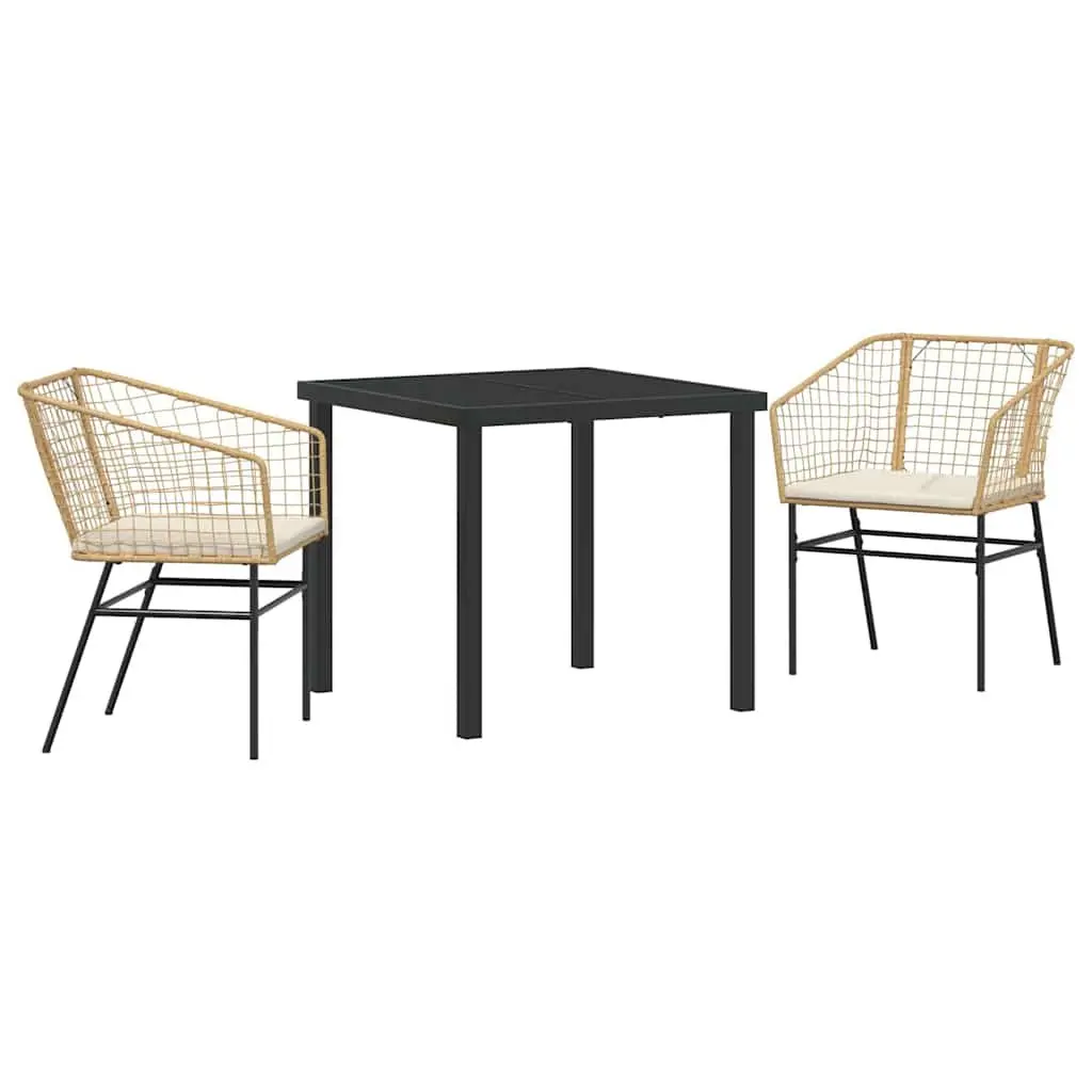Garden Dining Set Brown 3 Piece Poly Rattan Outdoor Furniture Glass Tabletop