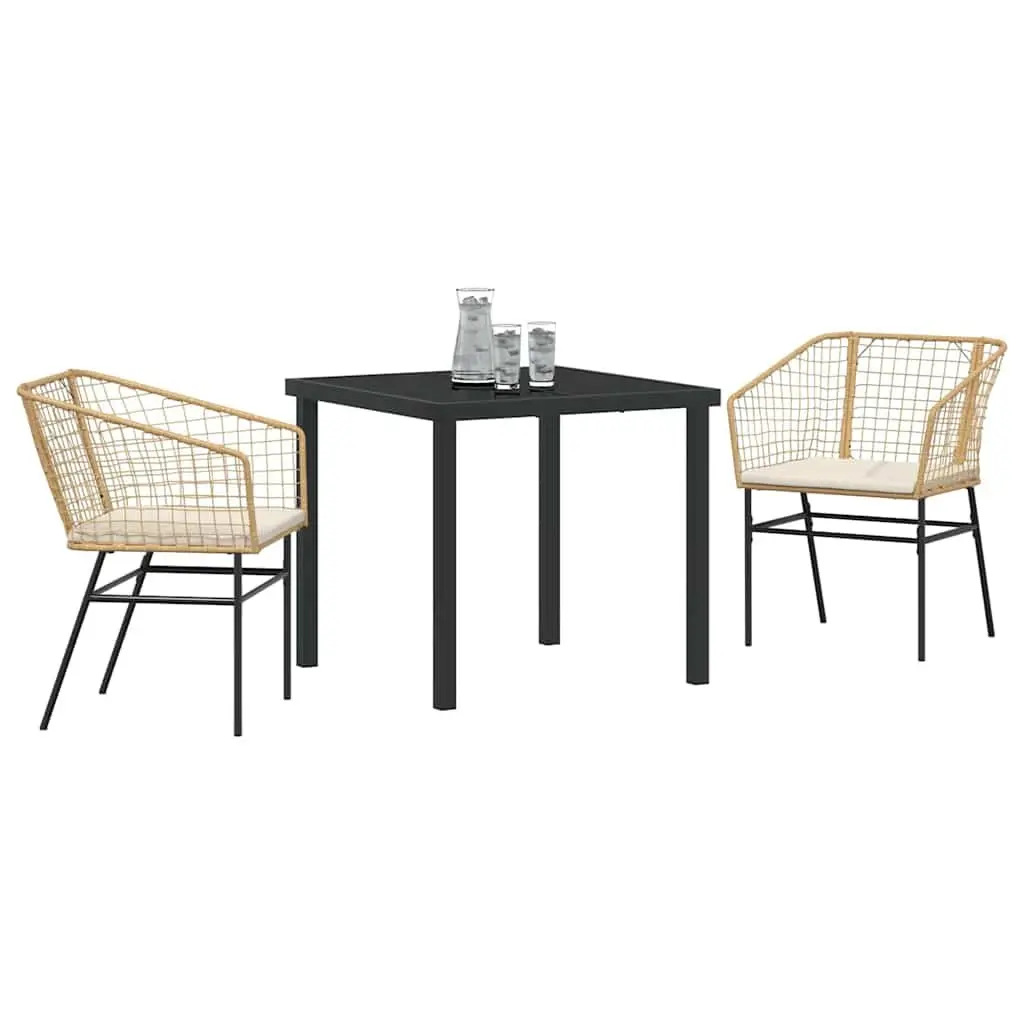 Garden Dining Set Brown 3 Piece Poly Rattan Outdoor Furniture Glass Tabletop