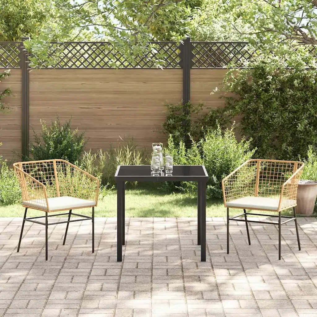 Garden Dining Set Brown 3 Piece Poly Rattan Outdoor Furniture Glass Tabletop