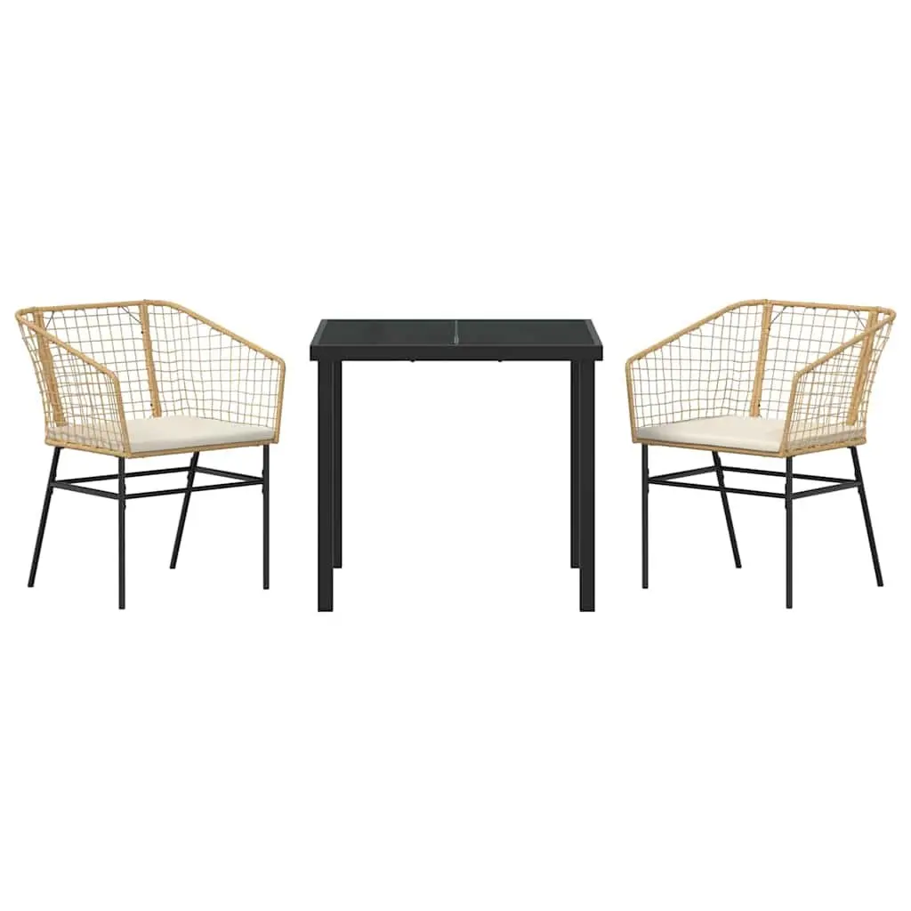 Garden Dining Set Brown 3 Piece Poly Rattan Outdoor Furniture Glass Tabletop