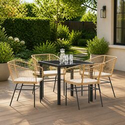5 Piece Garden Dining Set Brown Poly Rattan Outdoor Furniture Patio Table Chairs