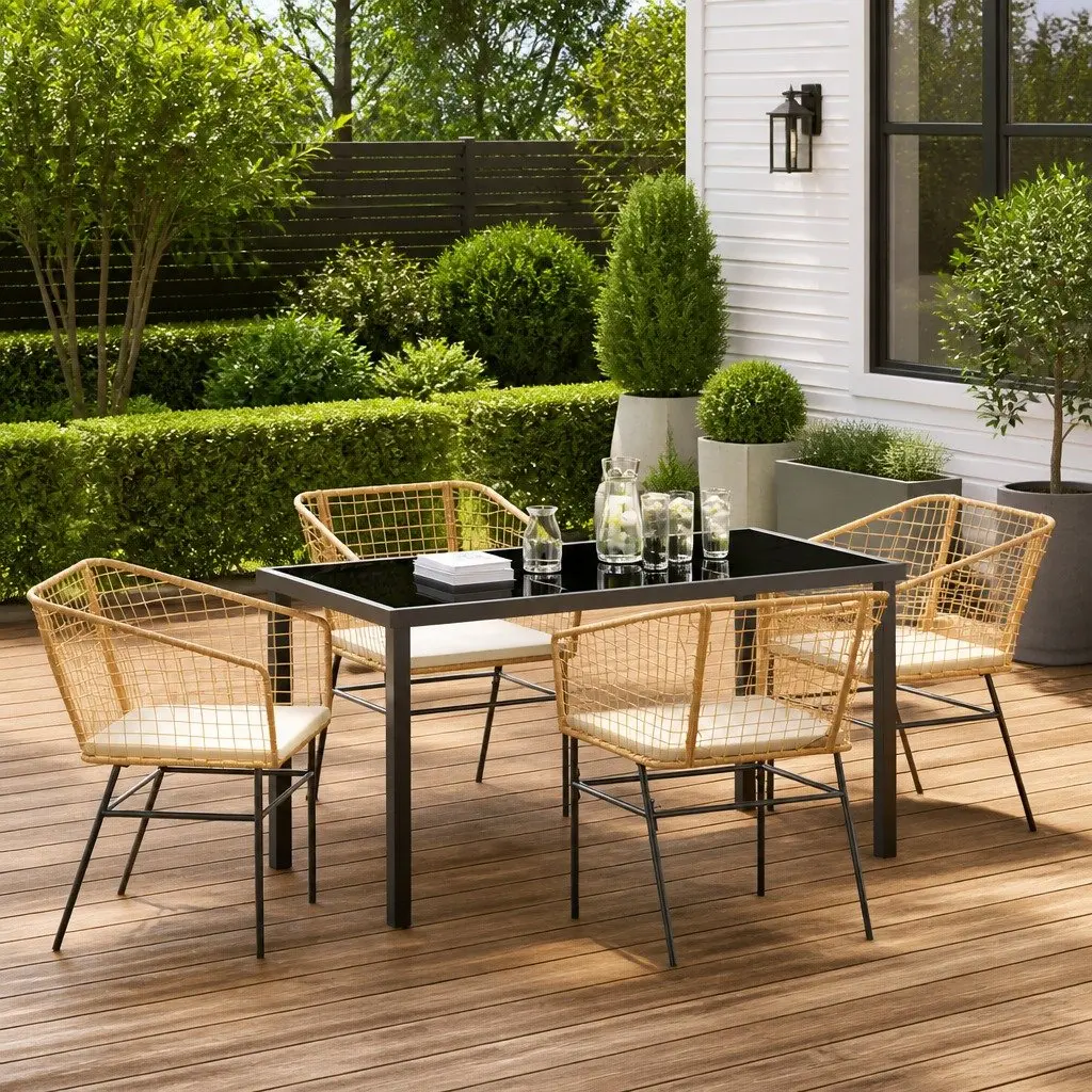 Garden Dining Set 5 pcs Brown Outdoor Furniture Poly Rattan Glass Top Table