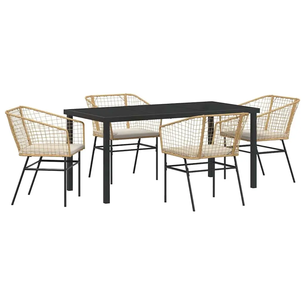 5 Piece Outdoor Furniture Set Brown Poly Rattan Dining Set Glass Top Patio