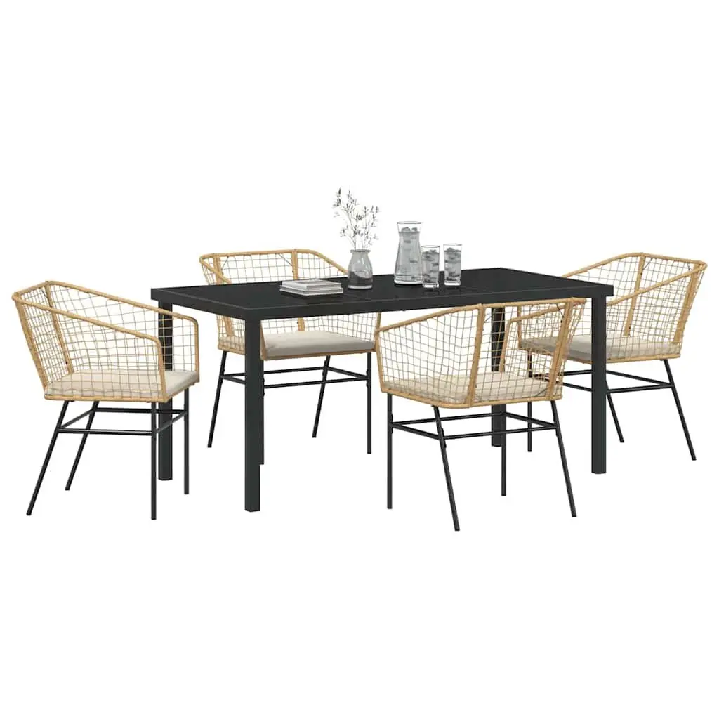 5 Piece Outdoor Furniture Set Brown Poly Rattan Dining Set Glass Top Patio