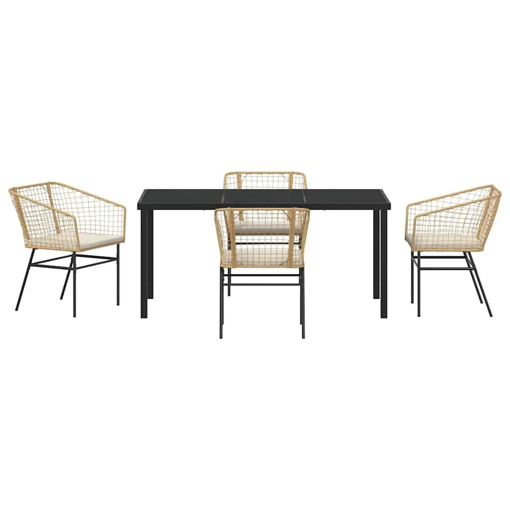 5 Piece Outdoor Furniture Set Brown Poly Rattan Dining Set Glass Top Patio
