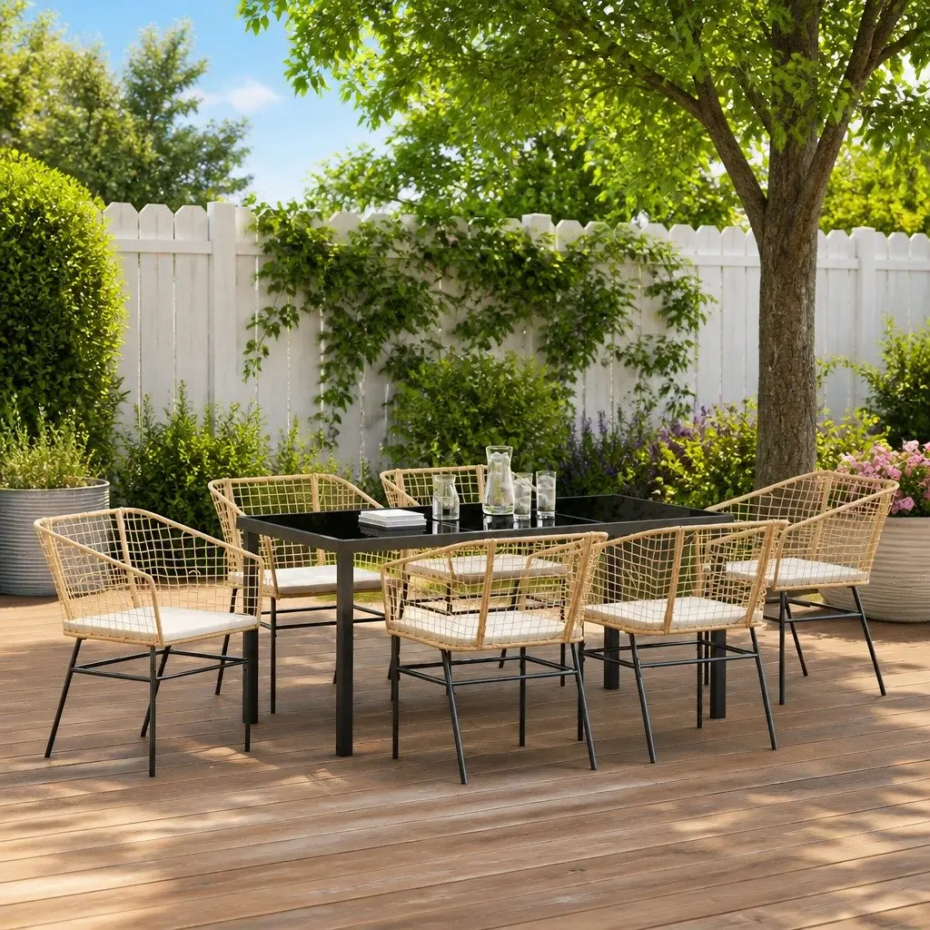 Garden Dining Set Brown 7 Pieces Outdoor Furniture Patio Table Chairs Glass Top