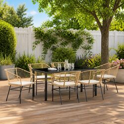 Garden Dining Set 7 Pieces Brown Outdoor Furniture Patio Table Chairs Glass Top