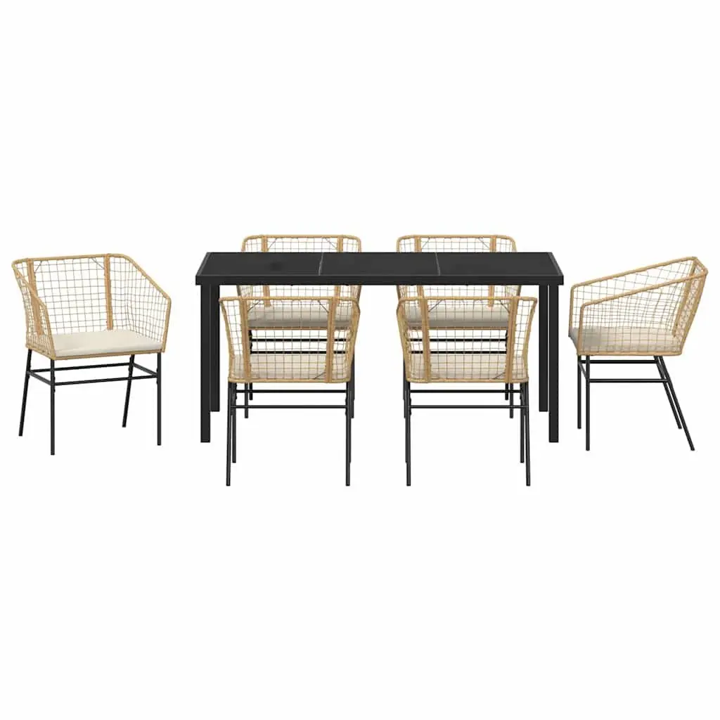Garden Dining Set Brown 7 Pieces Outdoor Furniture Patio Table Chairs Glass Top