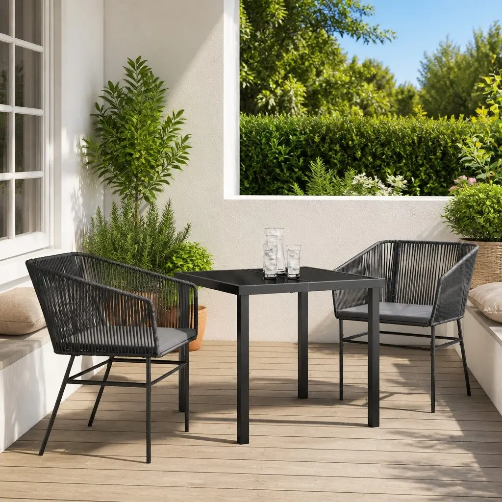 Garden Dining Set Black 3 Piece Outdoor Patio Furniture Steel Tempered Glass