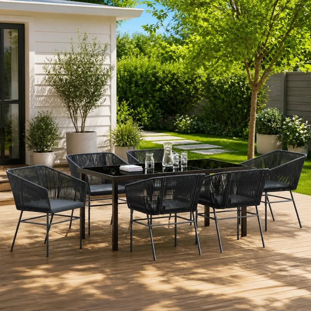 Garden Dining Set Black 7 Piece Rectangular Table with 6 Chairs and Weatherproof Cushions