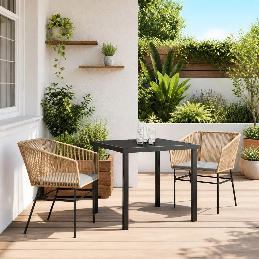Garden Dining Set Brown 3 Piece Outdoor Furniture Steel Frame Tempered Glass Table
