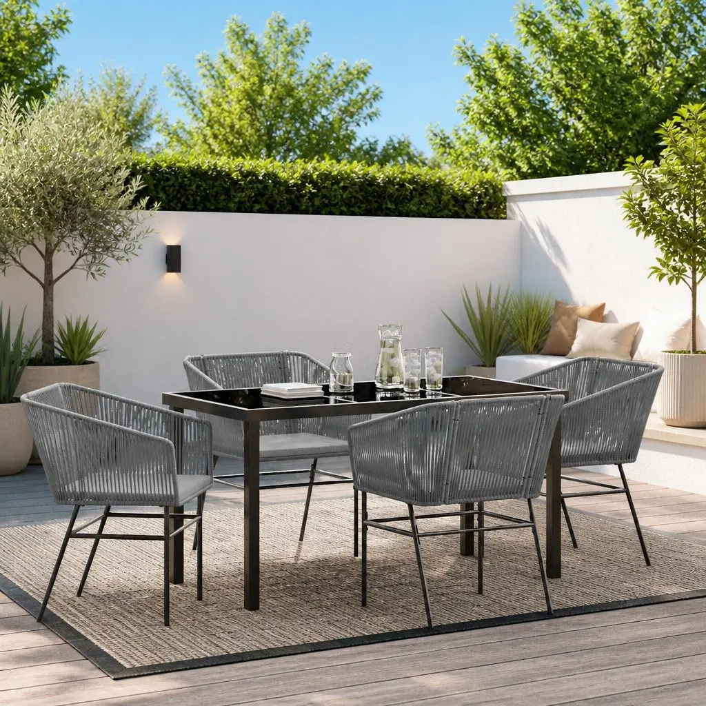 Garden Dining Set 5 Piece Outdoor Furniture Patio Table Chairs Grey Steel Glass