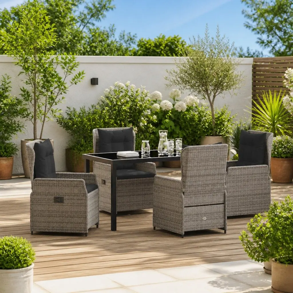 Garden Dining Set 5 Piece Grey Outdoor Furniture Poly Rattan Table Chairs